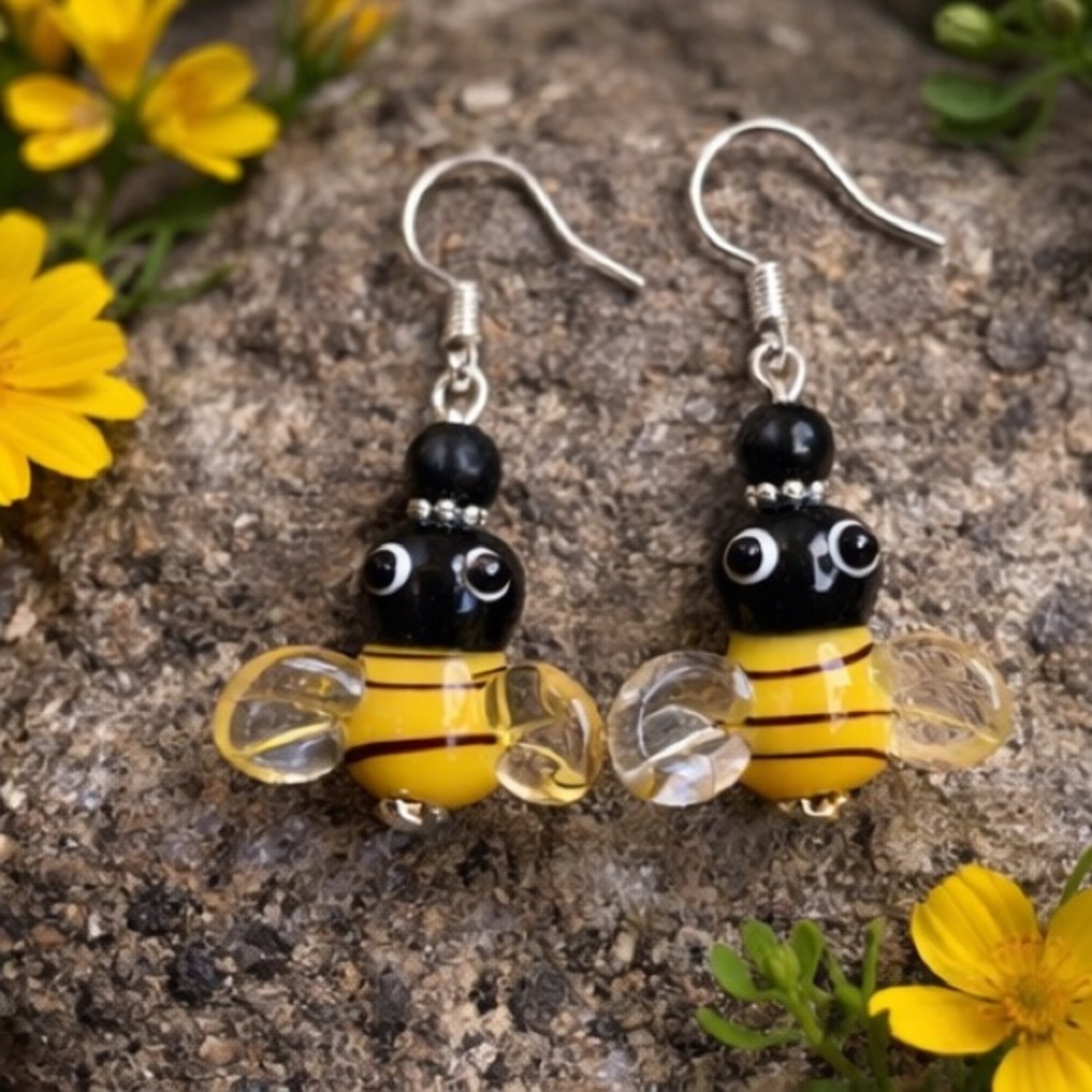 Artisan Glass Bumble Bee Earrings Dangle Stainless Hooks 1.5”